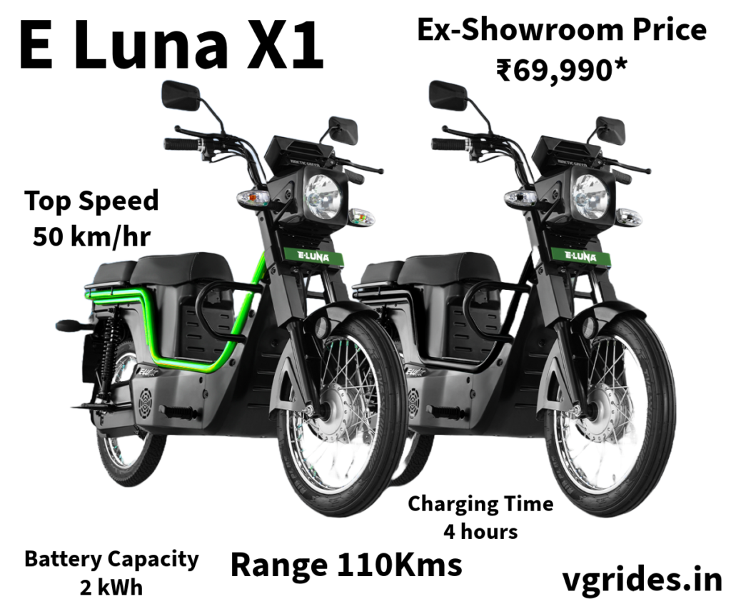 At an ex-showroom price of ₹69,990*, the E Luna X1 offers exceptional value for money. With a remarkable range of 110 kilometers