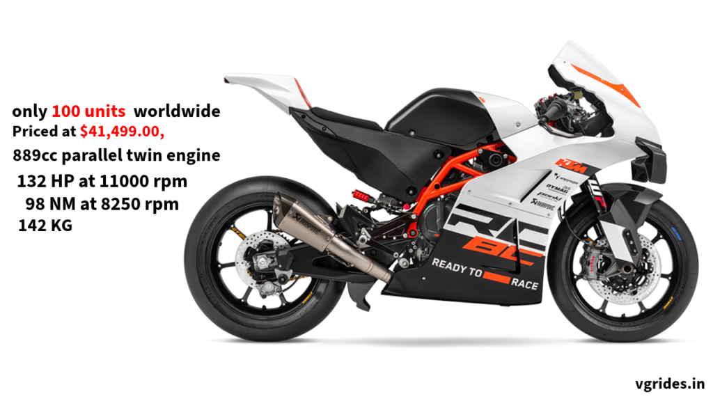 Discover the unrivaled performance and exclusivity of the 2024 KTM RC 8C, a limited-edition racing marvel. With its cutting-edge engineering, race-spec components, and breathtaking design, this motorcycle redefines the boundaries of performance on the track. Limited to only 100 units worldwide, reserve yours now to experience the pinnacle of motorcycle technology and adrenaline-fueled excitement.