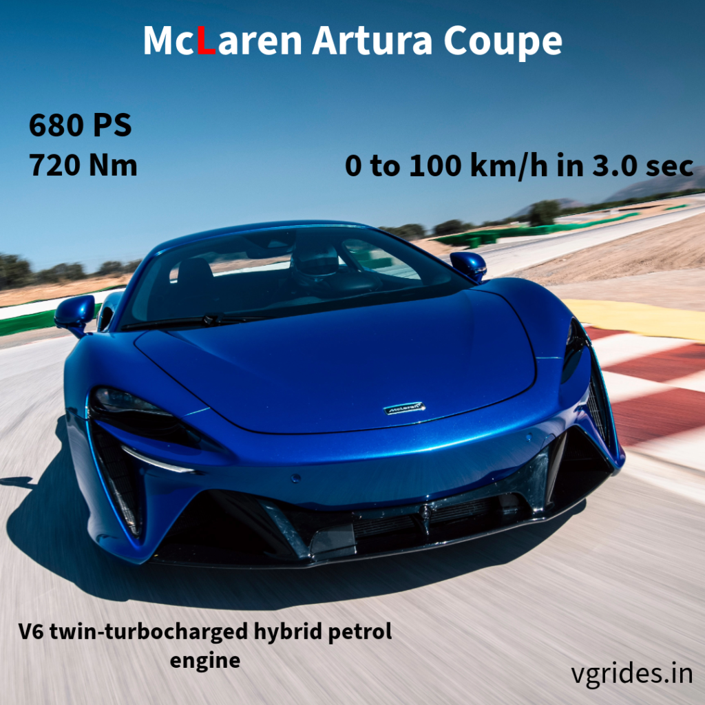 McLaren Artura accelerates from 0 to 100 km/h in just 3.0 sec and a top speed of 330 km/h. Fuel Efficiency of 4.6 litres/100km and a dry weight of 1,395 kgs
