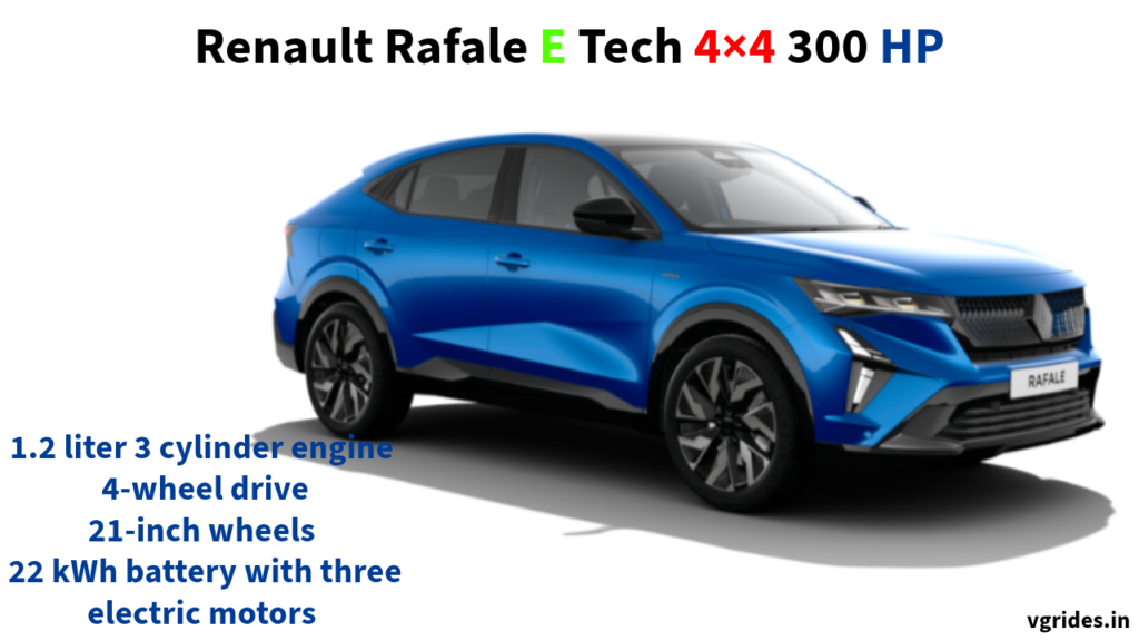 renault rafale E Tech 4×4 300 HP unvealed with 4 wheel drive system and 4 wheel steering system. 1.2 liter 3 cylinder engine and 22kWh rechargeble battery.