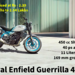Royal Enfield Guerrilla 450 Is Priced at Rs - 2.39 Lakhs with 450 cc Sherpa engine with 5 colour options and updated features. 40 ps, 40 nm, 11 liter fuel.