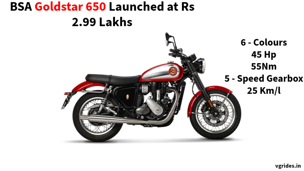 Introducing the BSA Goldstar 650: 652 cc single-cylinder, 44 hp engine, Brembo brakes, Pirelli tires, and 5-speed gearbox. Offering 25 kmpl and 12L fuel capacity. Deliveries and test rides begin in September.