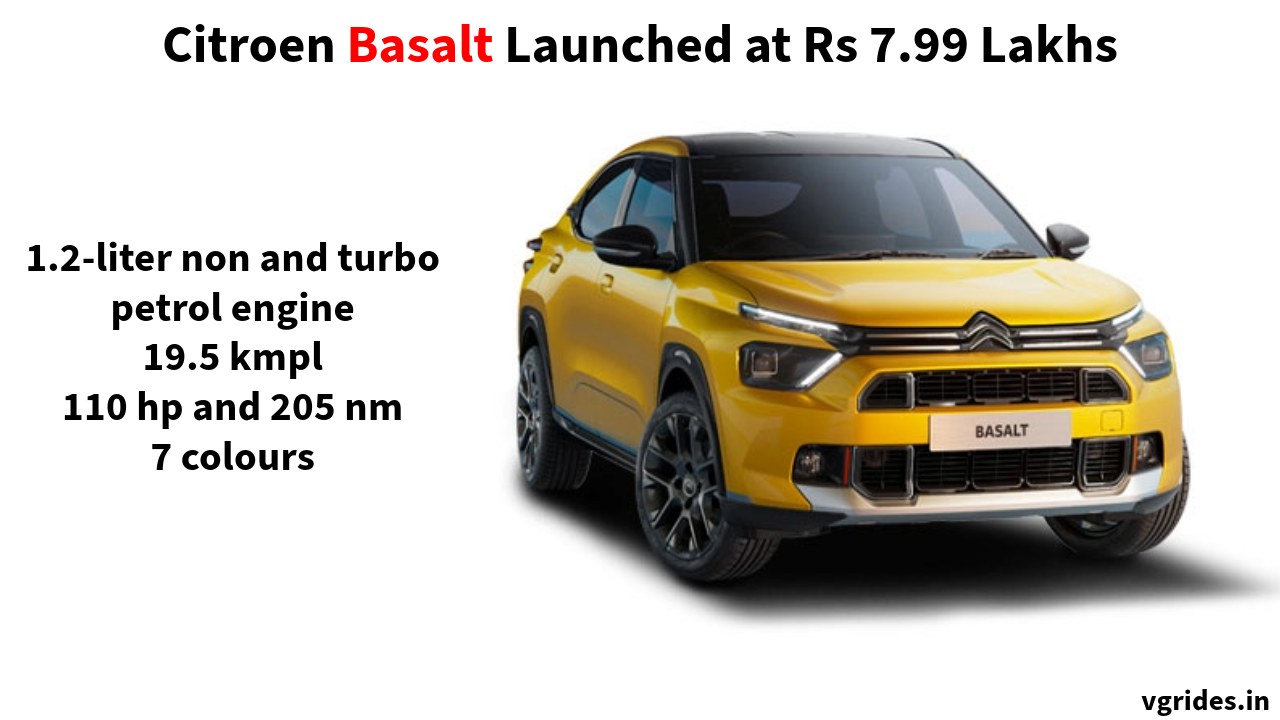 Citroen Basalt Launched in India at Rs 7.99 Lakhs with 1.2-liter turbo and non-turbo petrol engine with coupe SUV design with 180 mm ground clearance
