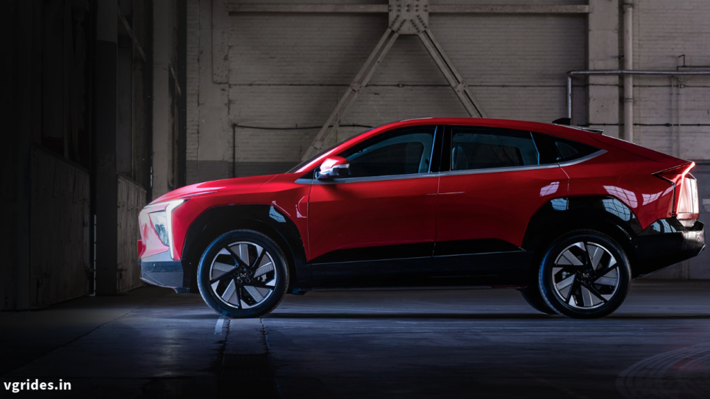Side profile of Mahindra XEV 9e in red color