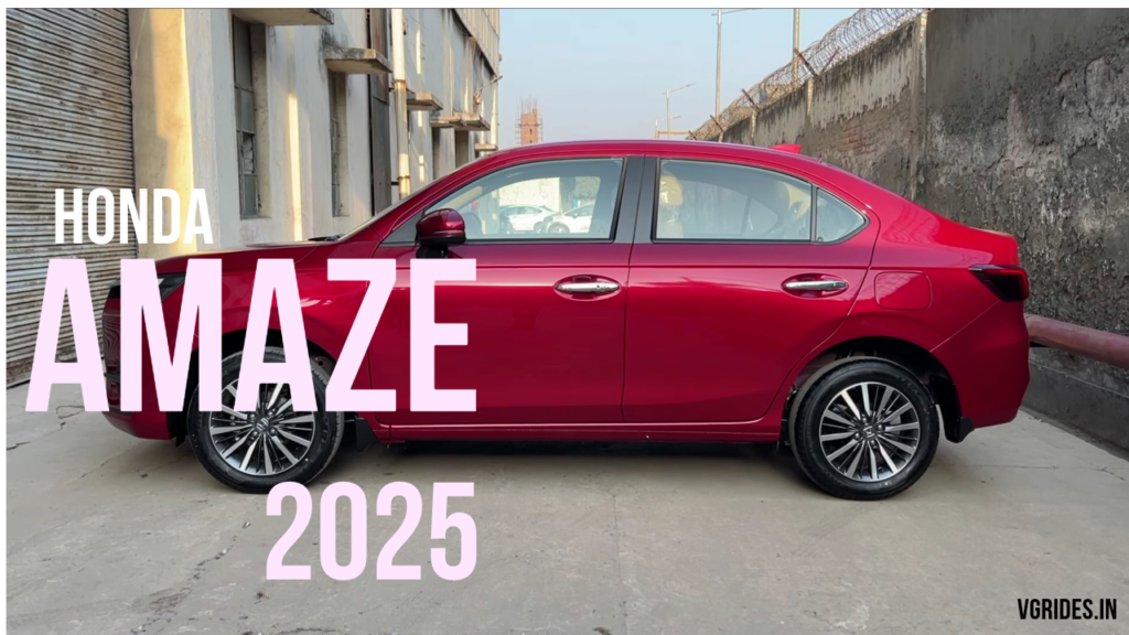 Side view highlighting the sporty 15-inch machine-finished alloy wheels of the 2025 Honda Amaze.