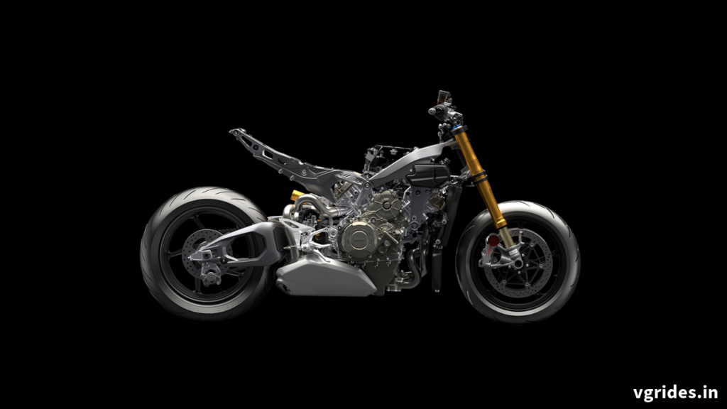 Side profile of the Ducati Streetfighter V4 S with forged aluminum wheels and Pirelli Diablo Rosso IV tires.