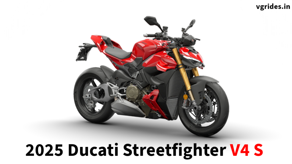 "2025 Ducati Streetfighter V4 S in red, showcasing its aggressive naked design, advanced Öhlins suspension, and premium performance features."