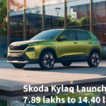 "Side profile of the Skoda Kylaq highlighting its sleek design and 17-inch alloy wheels."