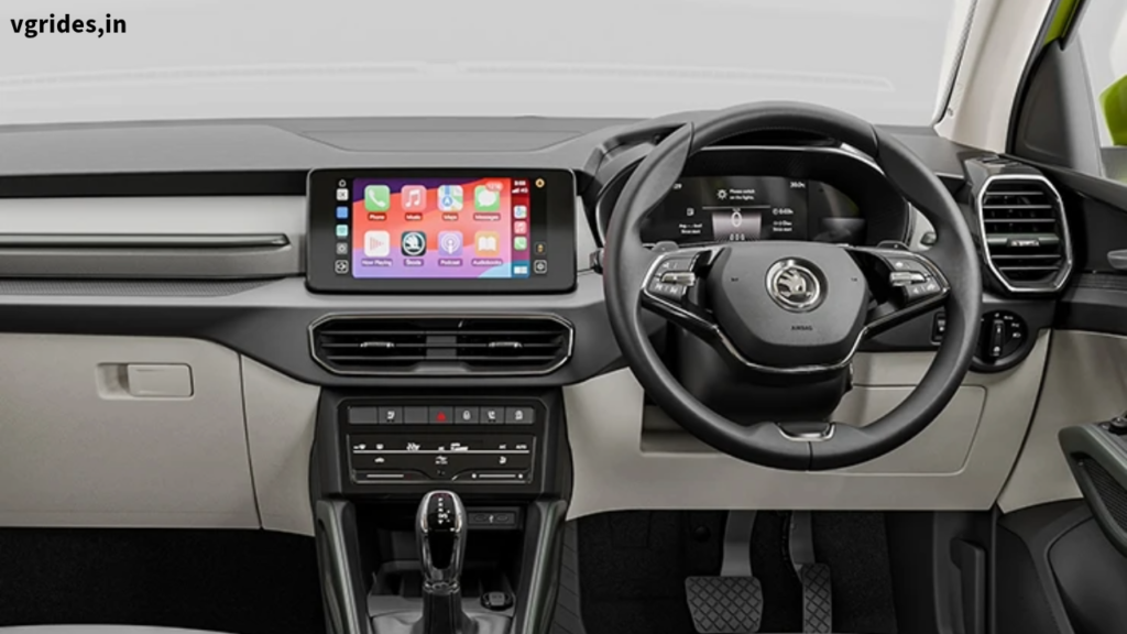 "Interior dashboard of the Skoda Kylaq featuring an 8-inch digital cluster and touchscreen infotainment system."