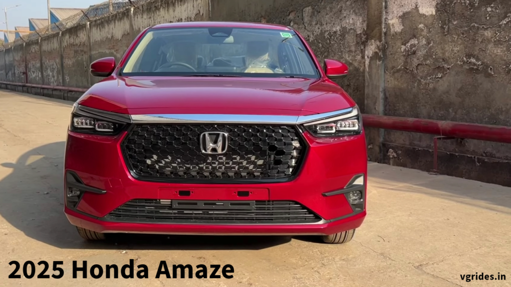 A sleek and stylish front view of the 2025 Honda Amaze with LED bi-projector headlights and a signature wing light design.