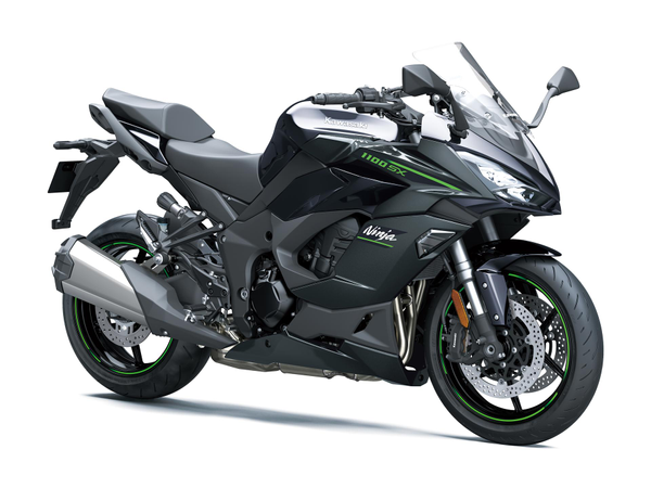 A sleek Kawasaki Ninja 1100 SX motorcycle in Metallic Carbon Gray/Diablo Black color, showcasing its sporty design and premium finish.