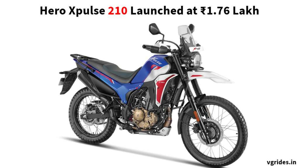 Hero Xpulse 210 adventure bike in Glacier White color, showcasing its rugged design, dual-purpose tyres, and advanced suspension on an off-road trail.