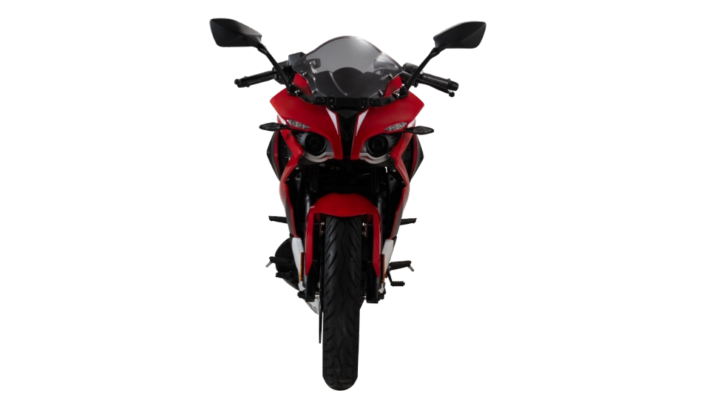 Front view of the 2025 Bajaj Pulsar RS 200 featuring upgraded LED projector headlights with daytime running lights.