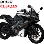 "Rear three-quarter view of the 2025 Bajaj Pulsar RS 200 in Active Black Satin, highlighting its bold design."