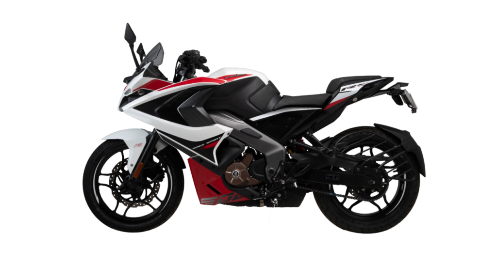 Side profile of the 2025 Bajaj Pulsar RS 200, highlighting its sharp design, sporty graphics, and modern features