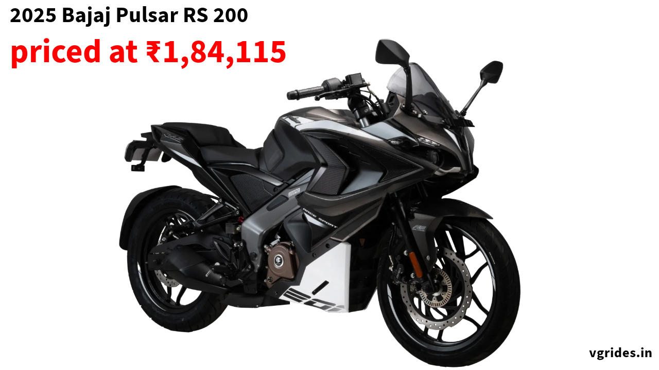 "Rear three-quarter view of the 2025 Bajaj Pulsar RS 200 in Active Black Satin, highlighting its bold design."