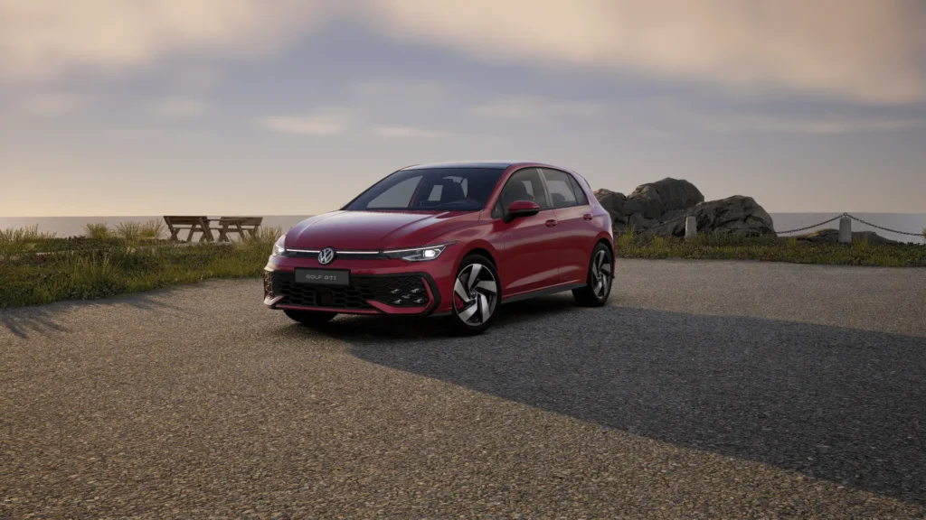 A red Volkswagen Golf GTI Mk 8.5 parked on a city street, showcasing its sporty exterior with matrix LED headlights, a honeycomb front bumper, red GTI badges, and 18-inch Richmond alloy wheels. The sleek five-door hatchback features a dynamic stance with a rear diffuser, twin chrome exhaust tips, and smoked LED taillights.