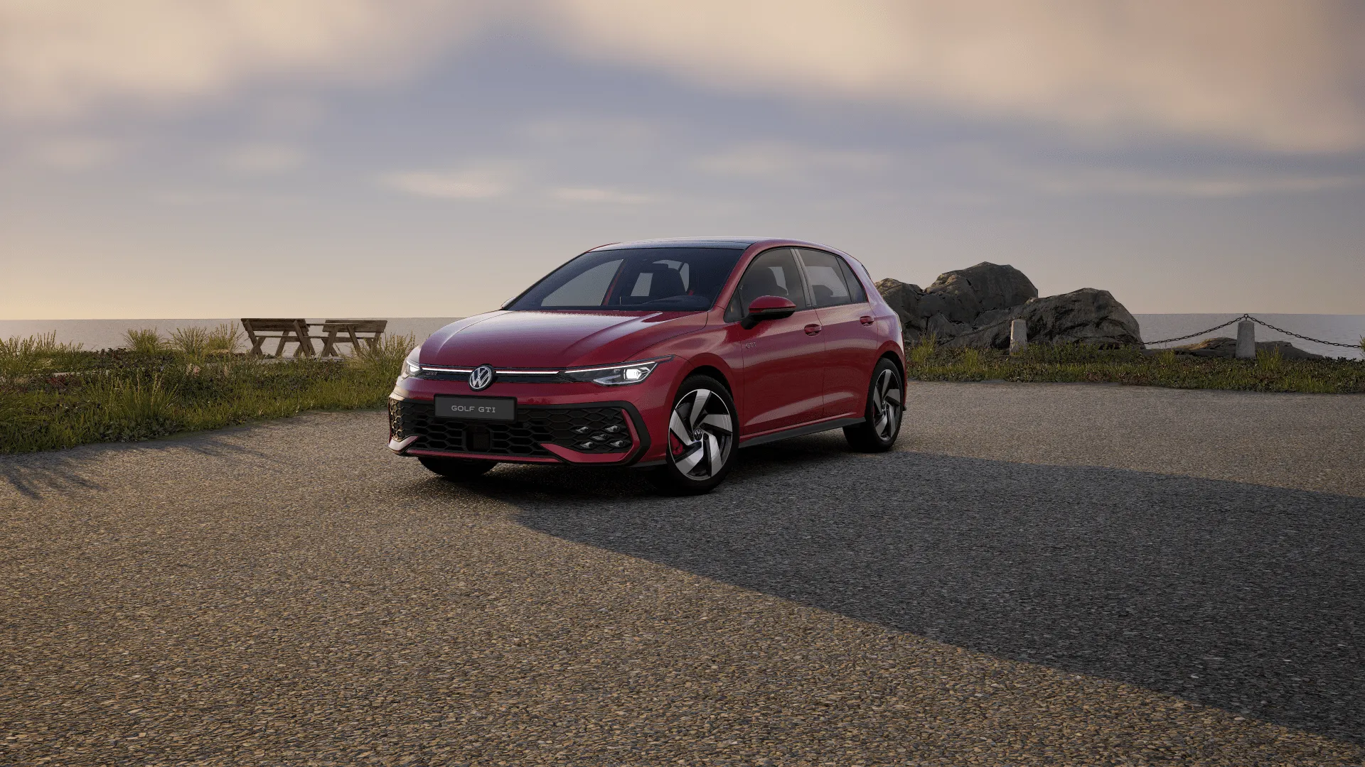A red Volkswagen Golf GTI Mk 8.5 parked on a city street, showcasing its sporty exterior with matrix LED headlights, a honeycomb front bumper, red GTI badges, and 18-inch Richmond alloy wheels. The sleek five-door hatchback features a dynamic stance with a rear diffuser, twin chrome exhaust tips, and smoked LED taillights.